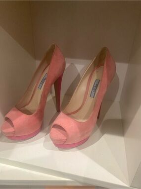 Prada Pink Suede Peep-Toe Platform Pumps